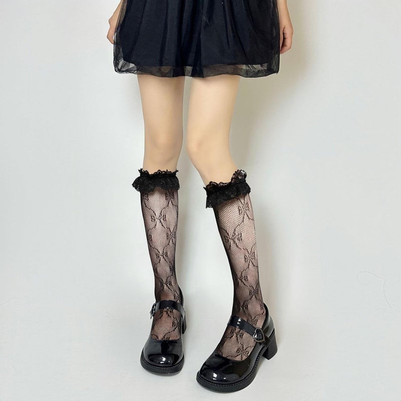 Benefeet Sox Lace Fishnet Knee High Socks Women Girls Ruffle Mesh Knee Highs Lolita Socks Fishnet Stockings - Image 4